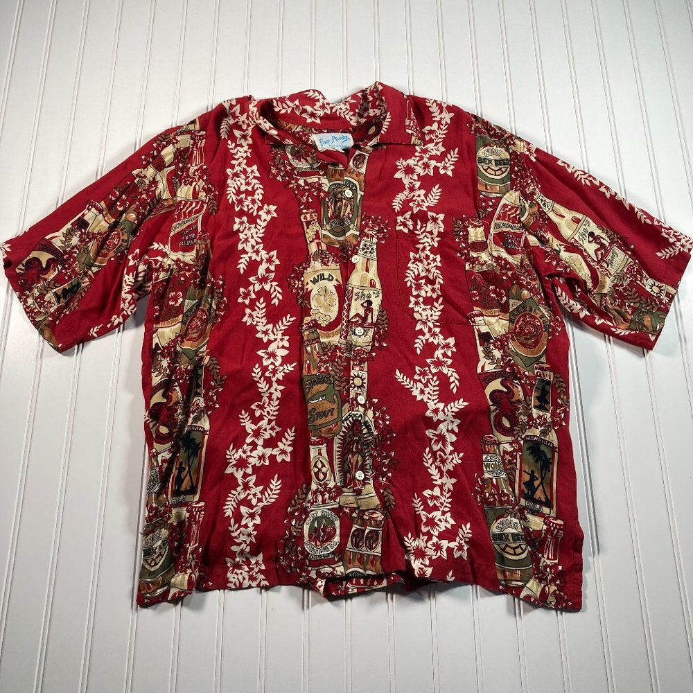 Far Away Aloha Hawaiian Shirt Mens Med Button Up Beer Bottles Red
